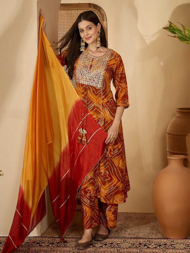 EthnicJunction Women's Pure Viscose Bandhani Print and Embroidered Work Kurta Palazzo and Dupatta Set | Ethnic Set for Women | Wedding Suit | Kurta Palaazo Set | Bandhni Kurta Set Mustard - Image 3