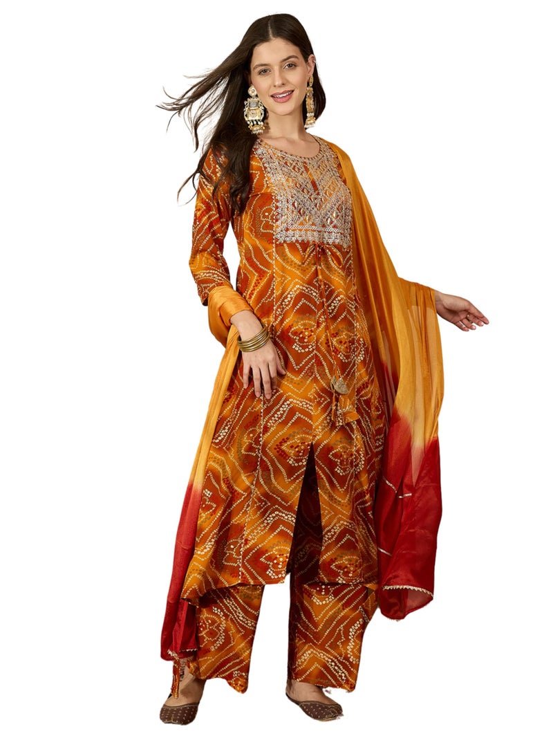EthnicJunction Women's Pure Viscose Bandhani Print and Embroidered Work Kurta Palazzo and Dupatta Set | Ethnic Set for Women | Wedding Suit | Kurta Palaazo Set | Bandhni Kurta Set Mustard - Image 1