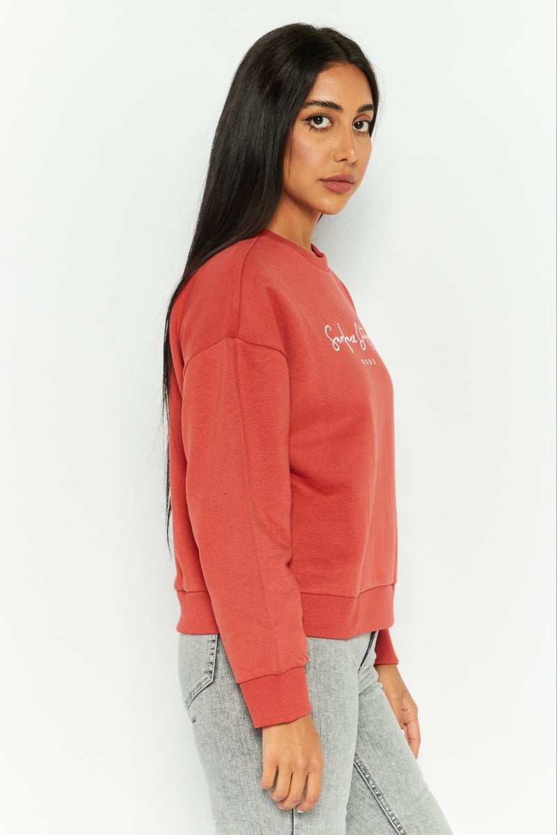 Women Crew Neck Graphic Long Sleeves Sweatshirt, Dark Brown