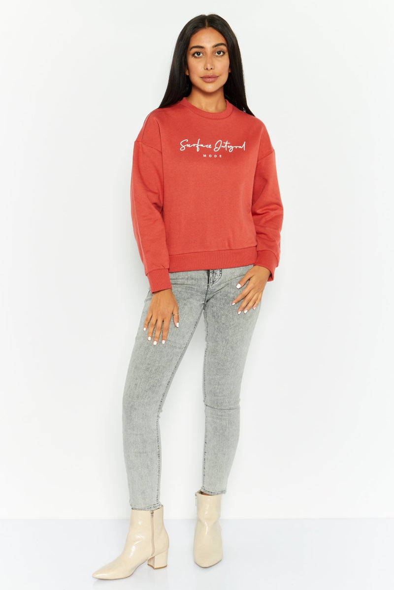 Women Crew Neck Graphic Long Sleeves Sweatshirt, Dark Brown