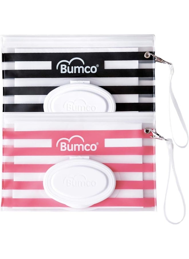 Baby Bum Brush BUMCO Airtight Wipes Dispenser, Keeps Wet, Reusable Refillable Pouch, Diaper Bag Organizer for Travel, Carrying Clutch, Unique Gift for Girl Boy [black & pink]  - Image 1