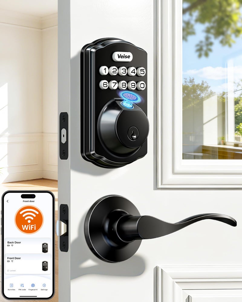Veise VE012W-B Wi-Fi Fingerprint Smart Lock with Handle Set, Remote App Control, Keyless Entry Front Door Lever, Built-in WiFi No Hub Needed, Backlit Keypad Deadbolt, Auto-Locking, Matte Black - Image 1
