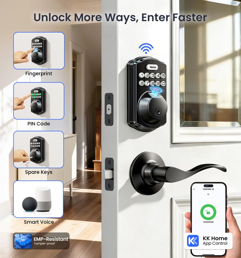 Veise VE012W-B Wi-Fi Fingerprint Smart Lock with Handle Set, Remote App Control, Keyless Entry Front Door Lever, Built-in WiFi No Hub Needed, Backlit Keypad Deadbolt, Auto-Locking, Matte Black - Image 3
