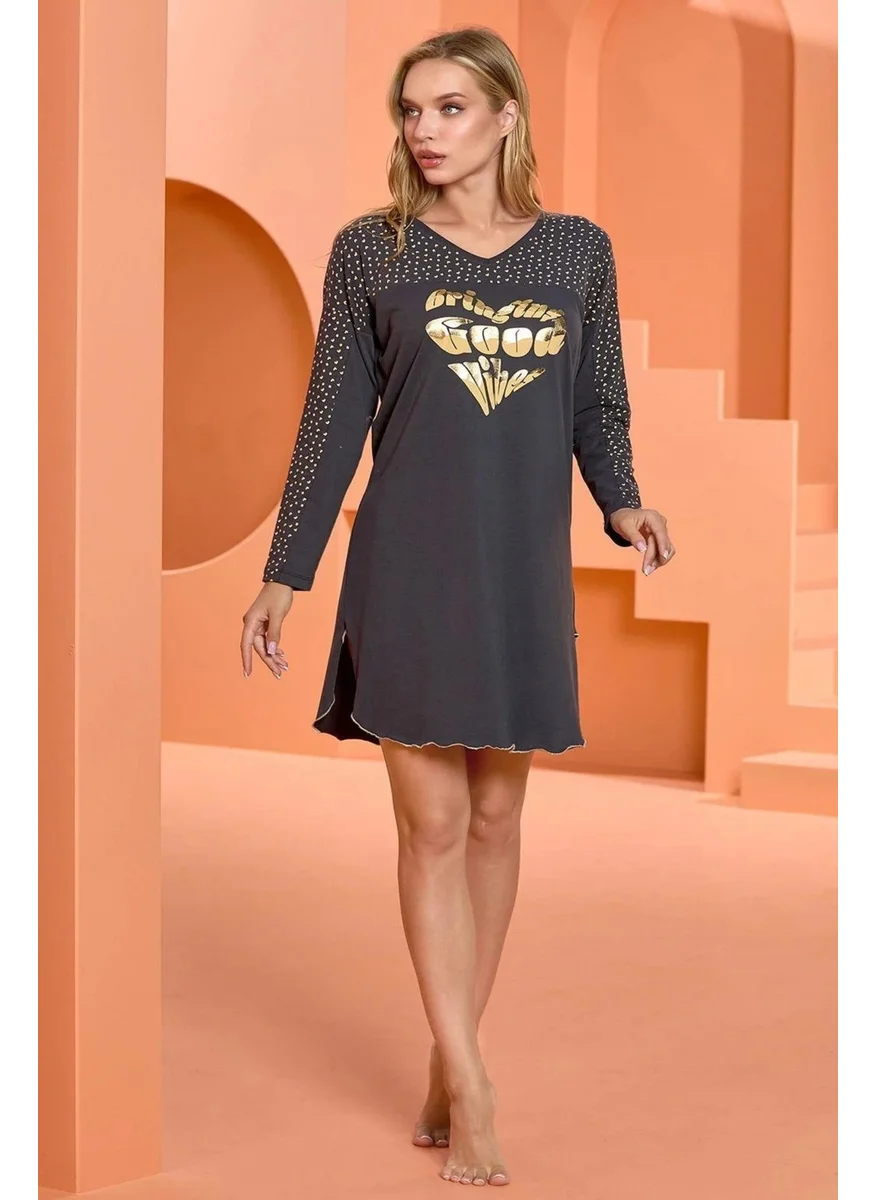 Cossy By Aqua 25008 Women's Long Sleeve Nightgown-Anthracite