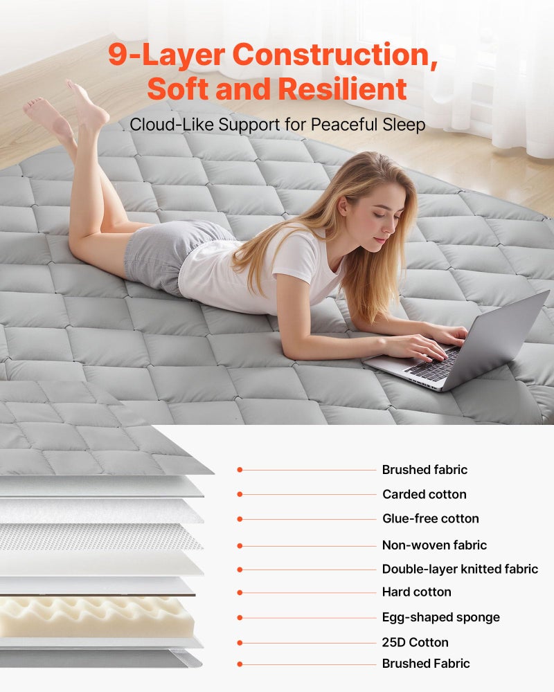 VEVOR 9-Layer Japanese Tatami Mat, Queen Size Foldable Japanese Tatami Mattress, 2.5" Futon Mattress with Storage Bag & Fastener, Floor Mat for Sleeping, Dormitory, Meditation, Yoga, Gray - Image 3
