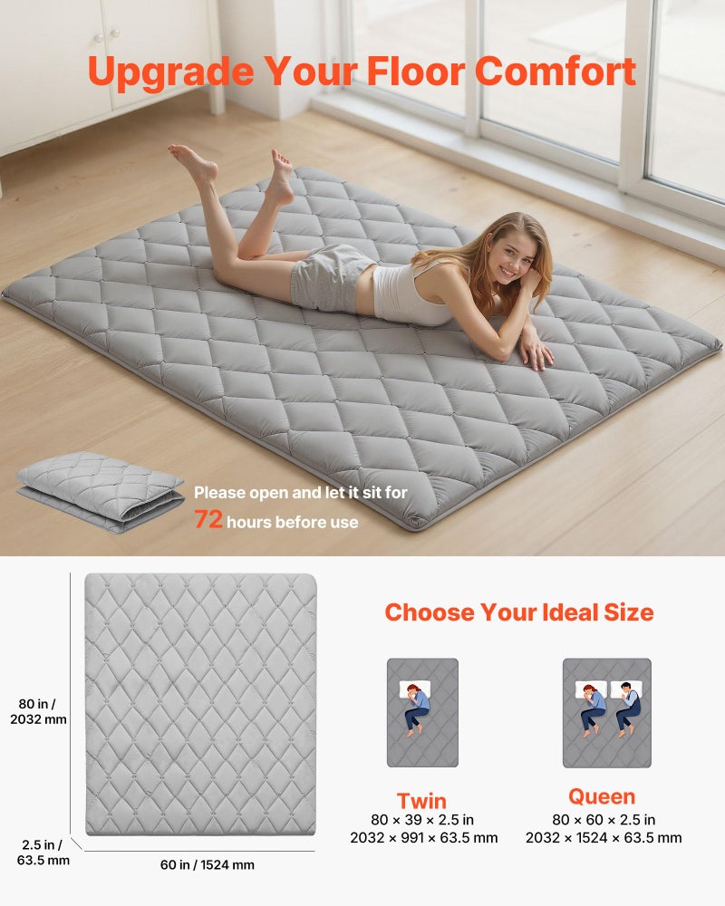 VEVOR 9-Layer Japanese Tatami Mat, Queen Size Foldable Japanese Tatami Mattress, 2.5" Futon Mattress with Storage Bag & Fastener, Floor Mat for Sleeping, Dormitory, Meditation, Yoga, Gray - Image 2