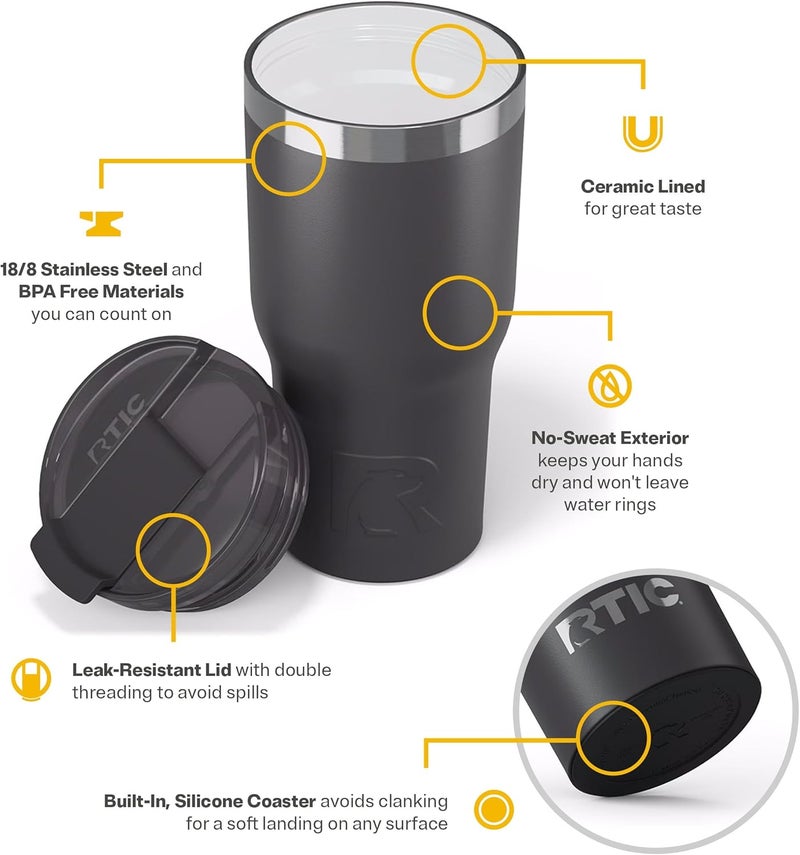 RTIC 20oz Essential Tumbler with Lid, Insulated, Stainless Steel, Metal, Double Wall Vacuum-Insulation, Ceramic Lined, Travel Cup for Iced Coffee, Tea, Hot and Cold Drink, Graphite - Image 3