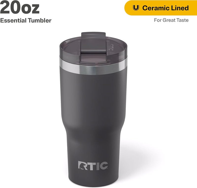 RTIC 20oz Essential Tumbler with Lid, Insulated, Stainless Steel, Metal, Double Wall Vacuum-Insulation, Ceramic Lined, Travel Cup for Iced Coffee, Tea, Hot and Cold Drink, Graphite - Image 1