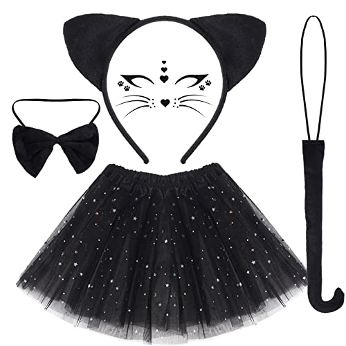 Dxhycc Black Cat Costume Cat Ears Headband Tail Bowtie Tutu and Face Stickers for Halloween Dress Up Party Black 118 - Image 1