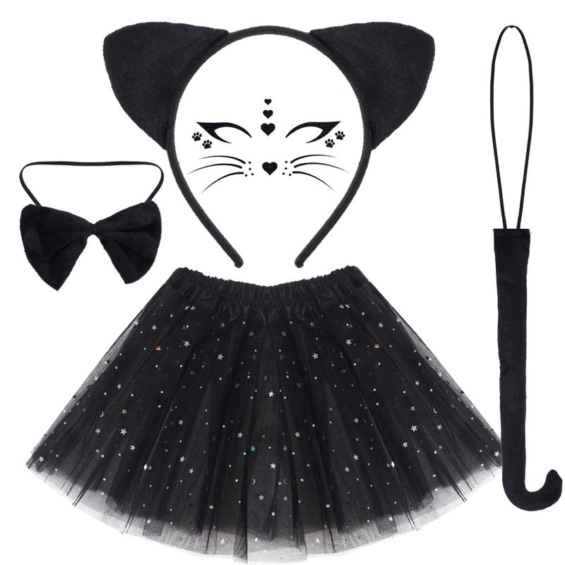 Dxhycc Black Cat Costume Cat Ears Headband Tail Bowtie Tutu and Face Stickers for Halloween Dress Up Party Black 118 - Image 2