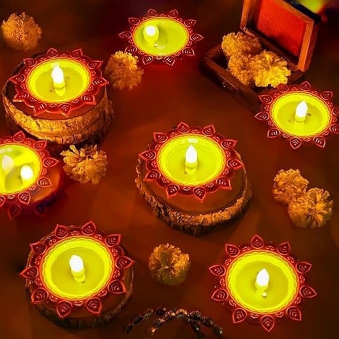 ASOMA Lotus Water Sensor Led Light Diyas Flameless Smokeless Warm Ambient Tea Light Candles for Diwali New Year HomeMandir Decoration Brown Pack of 8  - Image 1