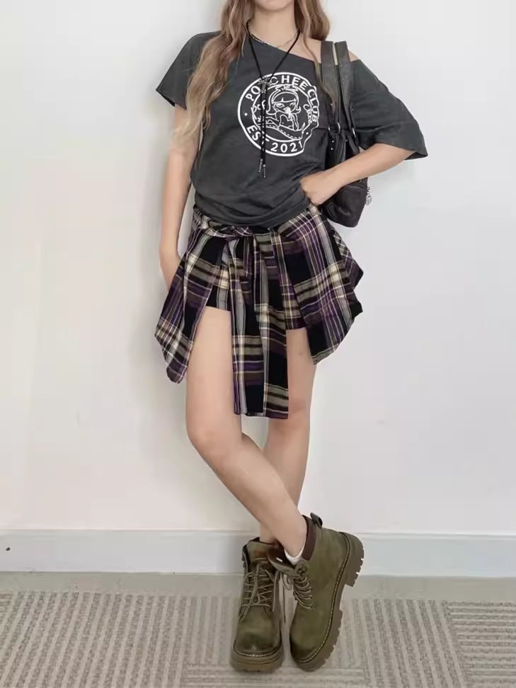 plus size chubby girl Irregular Plaid Skirt Womens Autumn Chic High Waist A- Line Casual Shirt Culottes Short Skirt Purple - Image 1