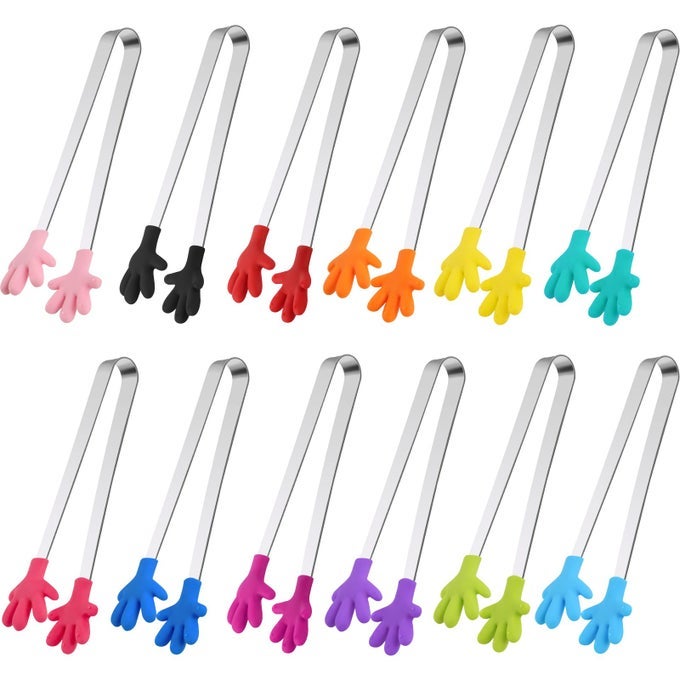 12PCS MINI TONGS 51 INCH SILICONE SMALL TONGS FOR KIDS FUNNY KITCHEN GADGETS FOR SERVING APPETIZERS ICE CUBE FRUITS DESSERT BARBECUE GREAT FOR FINE MOTOR SENSORY COORDINATION