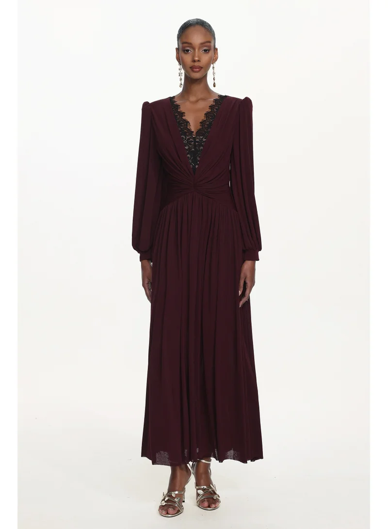 Bella Barnett Liaco Elegant Contour V Neck Long Sleeve Ruched Lace Knit Wine Maxi Dress