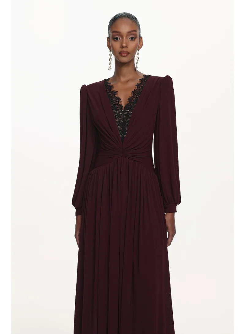 Bella Barnett Liaco Elegant Contour V Neck Long Sleeve Ruched Lace Knit Wine Maxi Dress