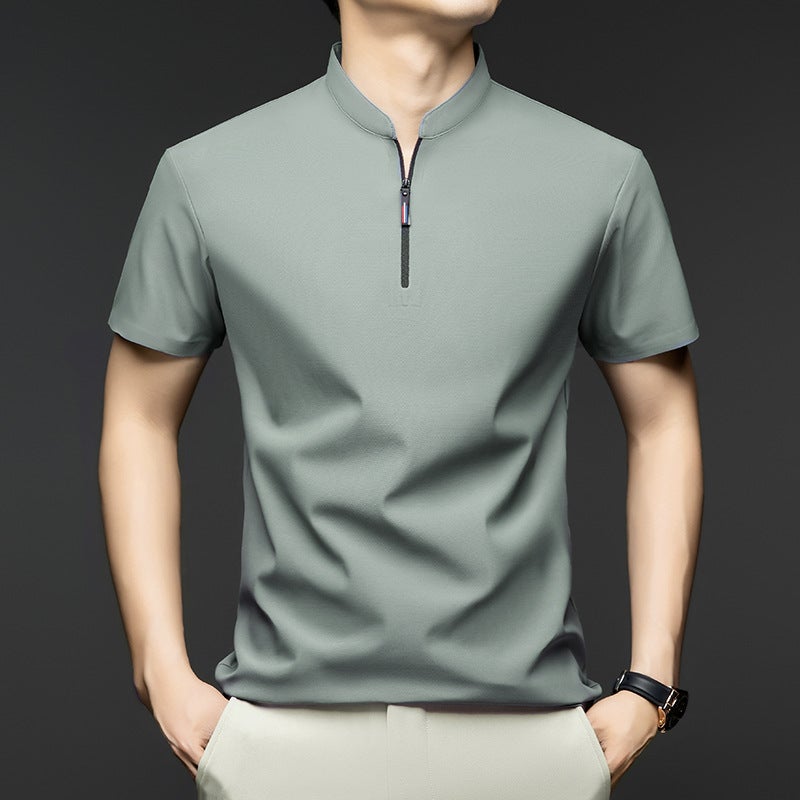 Men's Polo Shirt Short Sleeve Stand Collar Casual High-End Half-Zip Ice Silk T-Shirt Business Wear - Image 3