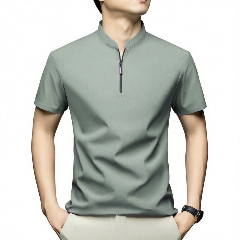 Men's Polo Shirt Short Sleeve Stand Collar Casual High-End Half-Zip Ice Silk T-Shirt Business Wear - Image 1