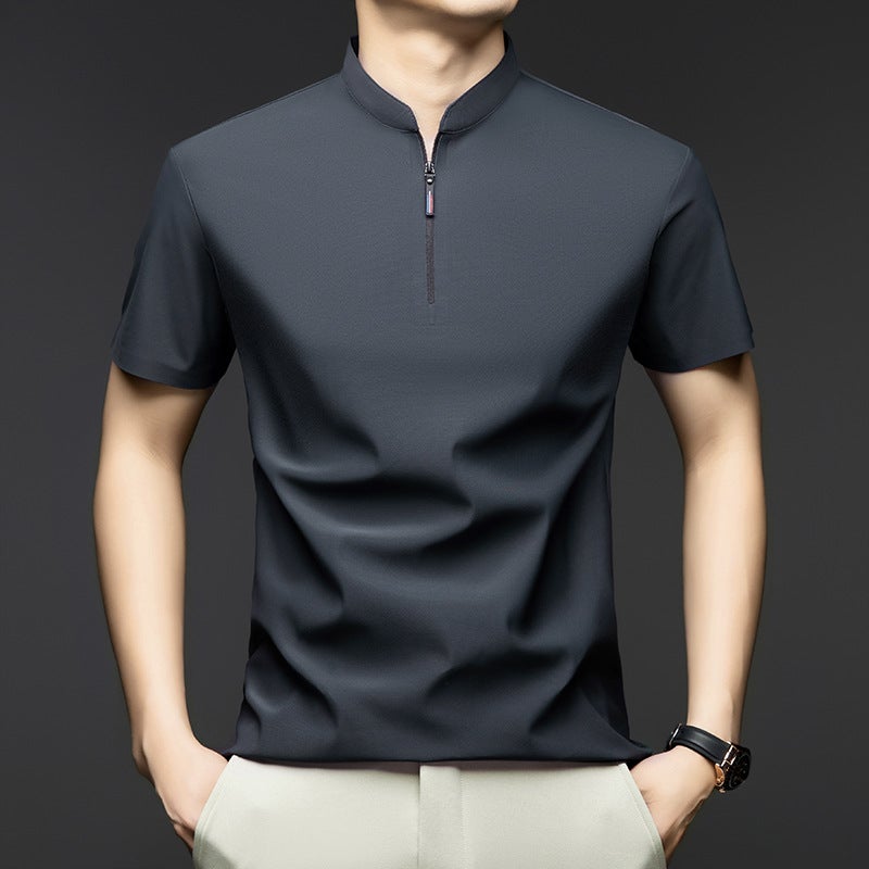 Men's Polo Shirt Short Sleeve Stand Collar Casual High-End Half-Zip Ice Silk T-Shirt Business Wear - Image 2