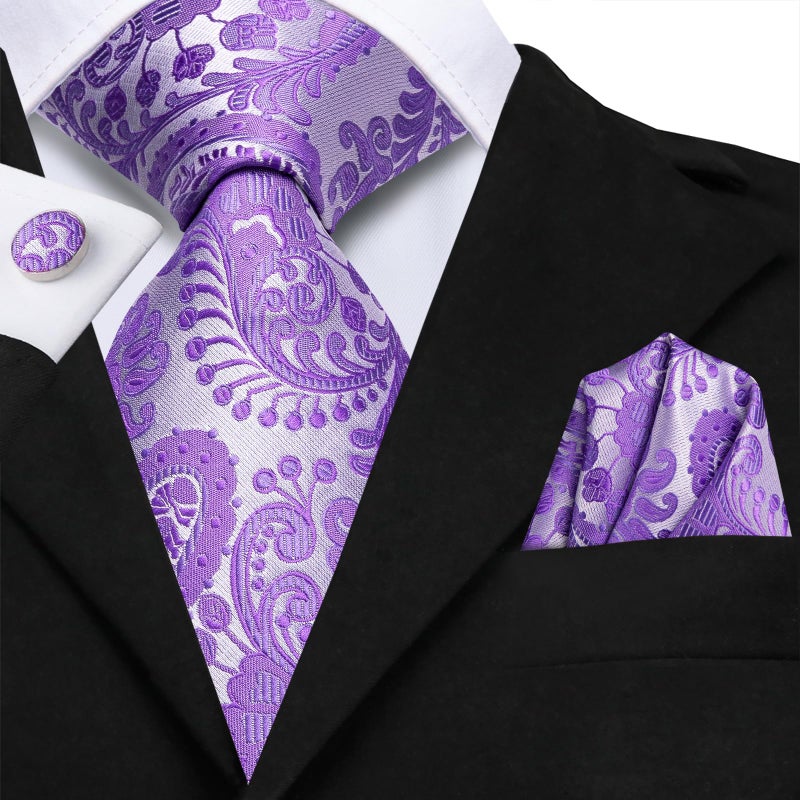 Dubulle Mens Lavendar Purple Paisley Silk Tie for Men Striped Necktie Pocket Square Cufflinks Set Wedding Business - Image 5