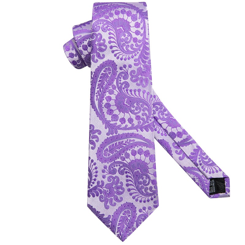 Dubulle Mens Lavendar Purple Paisley Silk Tie for Men Striped Necktie Pocket Square Cufflinks Set Wedding Business - Image 3