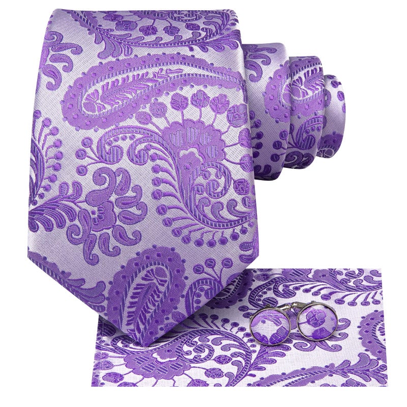 Dubulle Mens Lavendar Purple Paisley Silk Tie for Men Striped Necktie Pocket Square Cufflinks Set Wedding Business - Image 2