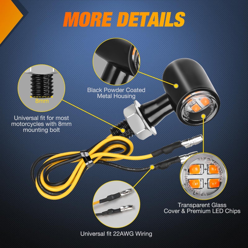 Nilight Motorcycle LED Turn Signals Front Indicator Light Yellow Beam Mini Size Blinkers Compatible with Harley Honda Kawasaki Suzuki Triumph Yamaha Cruiser - Image 3