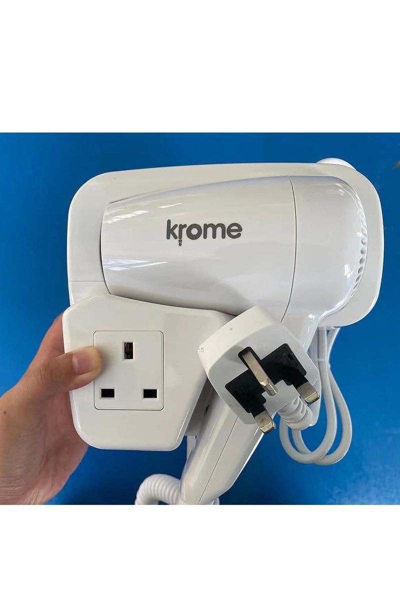 كروم مجفف شعر كروم للحمام والفندق، قابل للتركيب على الحائط، مع مقبس ماكينة حلاقة، أبيض، مادة ABS - Image 1