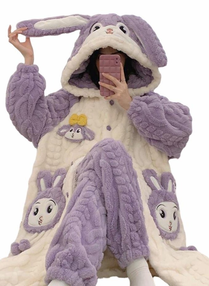 KUYING Velvet and Thickened Nightgown Cute Cartoon Home Fur Set