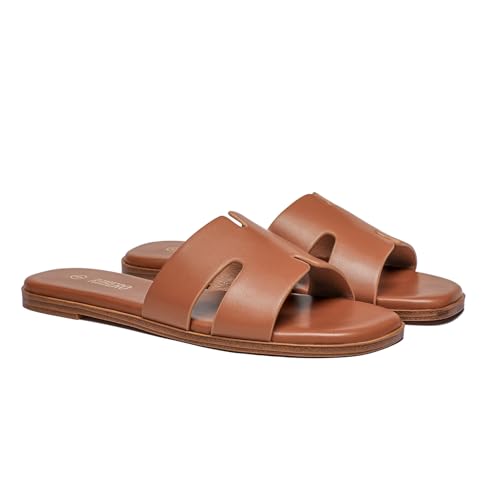 Rihero Women's Dressy Flat Sandals Comfortable Slip On Leather Slide Brown Sandals Size 7.5 - Image 4