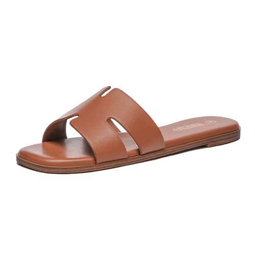 Rihero Women's Dressy Flat Sandals Comfortable Slip On Leather Slide Brown Sandals Size 7.5 - Image 1