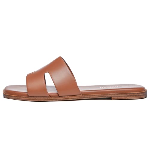 Rihero Women's Dressy Flat Sandals Comfortable Slip On Leather Slide Brown Sandals Size 7.5 - Image 2