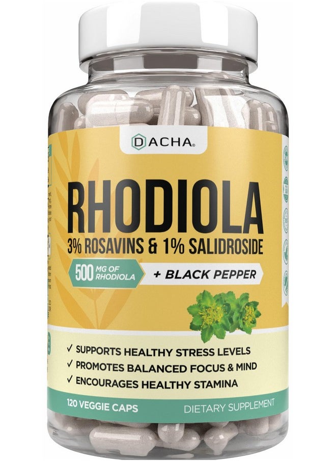 DACHA - Natural Rhodiola Rosea Supplement - 120 CAPS 500mg, 3% Rosavins 1% Salidroside, Full 4-Month Supply, Bioperine Enhanced Absorbtion, Mood, Focus, and Brain Booster, Clarity & Stress Support - Image 1