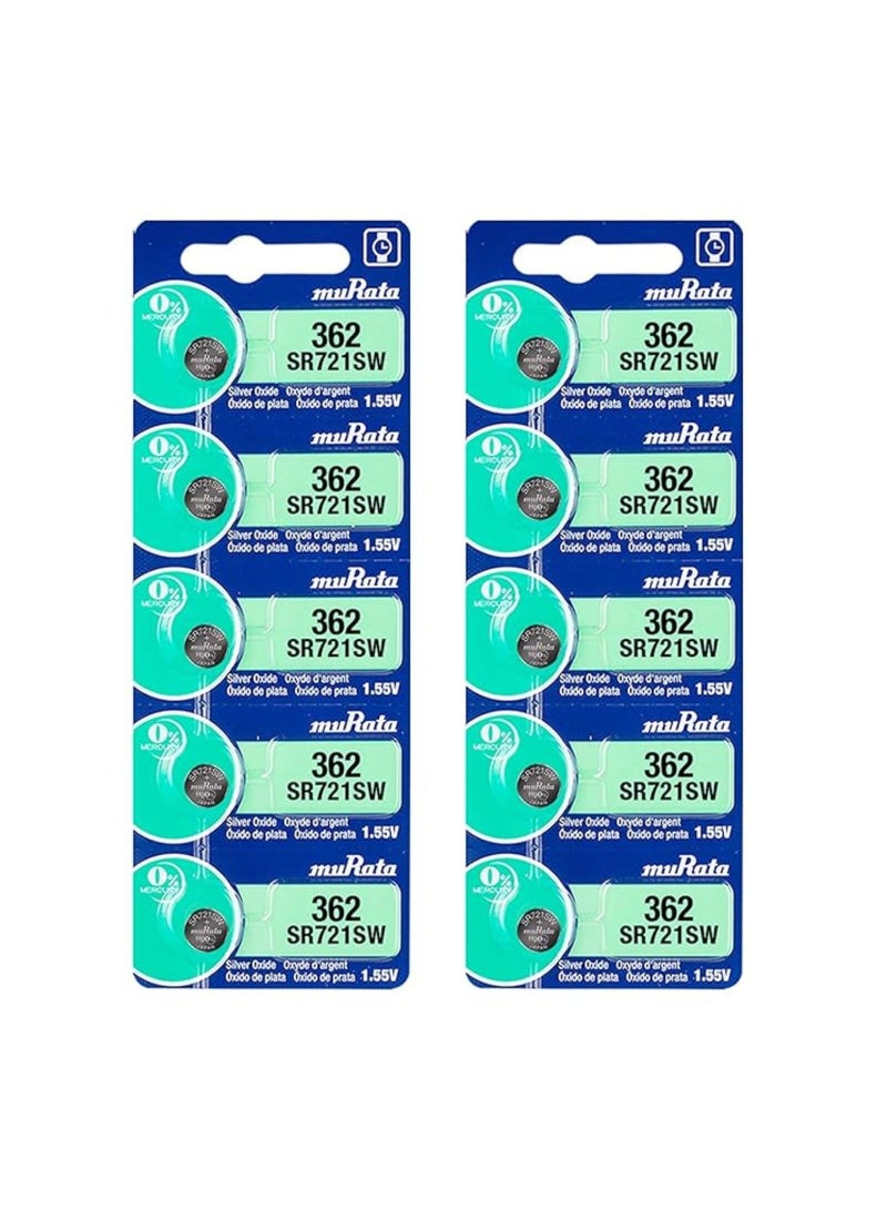 10-Pieces Murata SR721SW / 362 Silver Oxide 1.55V (muRata) Japan Batteries