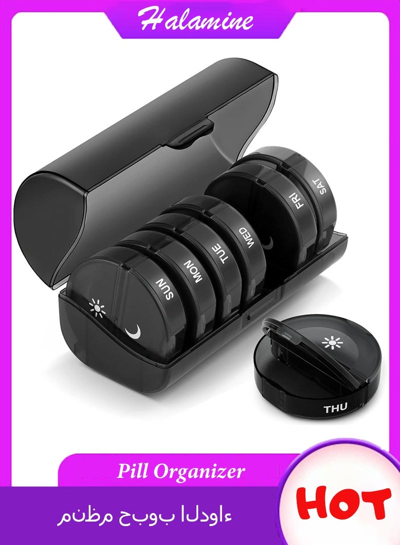 Halamine Pill Organizer ，2 Times a Day, Weekly AM PM Pill Box, Large Capacity 7 Day Pill Cases for Pills/Vitamin/Fish Oil/Supplements (Black) - Image 1
