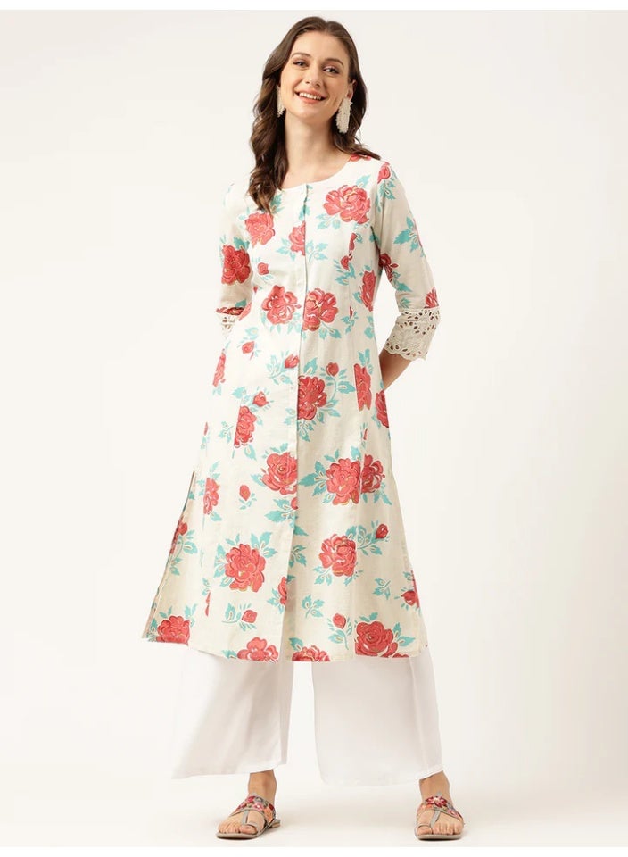 Divena A-Line Kurta Long Indian Tunic ,Pockets, Floral Print Cotton Flex Fabric with 3/4 Sleeves - Image 1