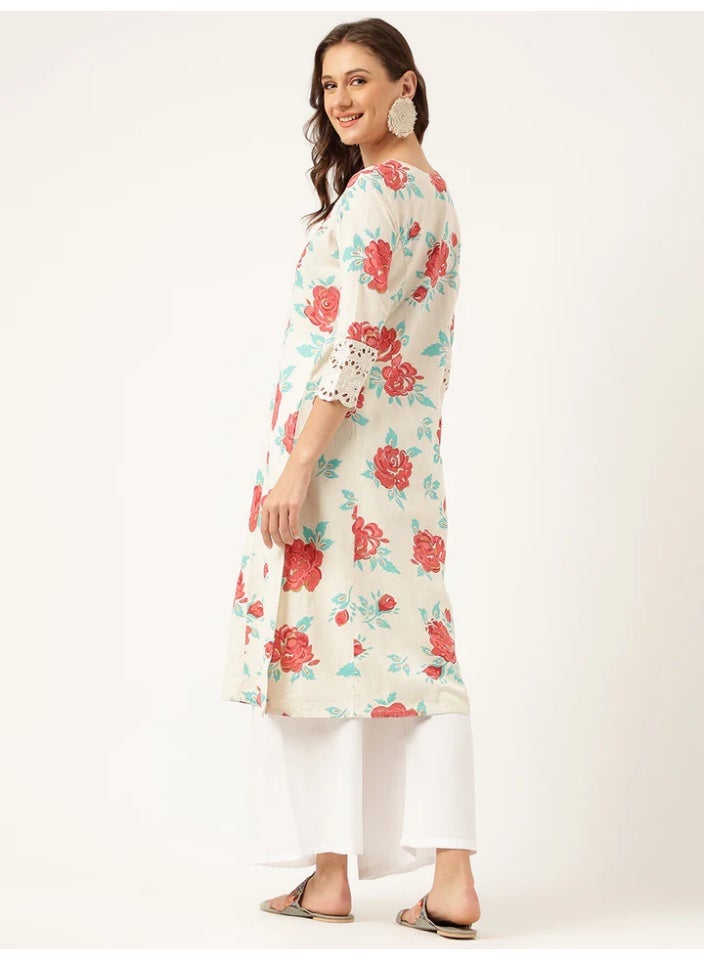 Divena A-Line Kurta Long Indian Tunic ,Pockets, Floral Print Cotton Flex Fabric with 3/4 Sleeves - Image 4
