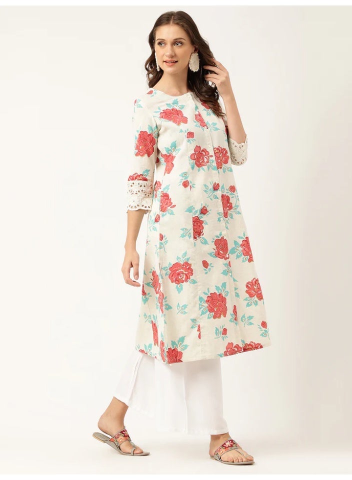 Divena A-Line Kurta Long Indian Tunic ,Pockets, Floral Print Cotton Flex Fabric with 3/4 Sleeves - Image 5
