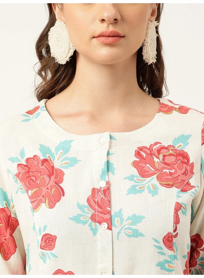 Divena A-Line Kurta Long Indian Tunic ,Pockets, Floral Print Cotton Flex Fabric with 3/4 Sleeves - Image 3