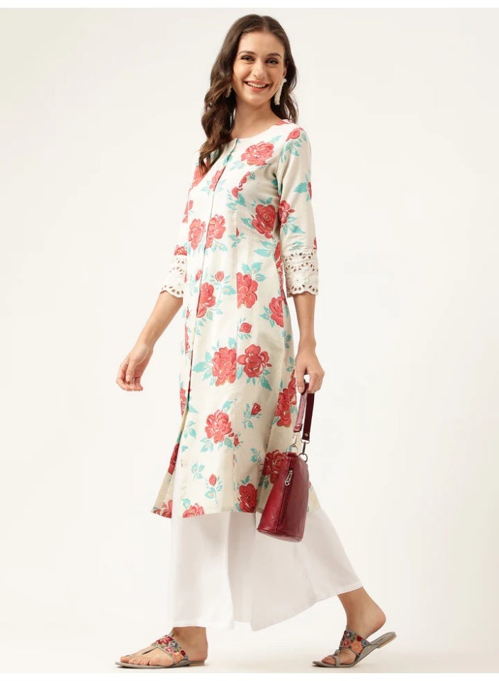 Divena A-Line Kurta Long Indian Tunic ,Pockets, Floral Print Cotton Flex Fabric with 3/4 Sleeves - Image 2