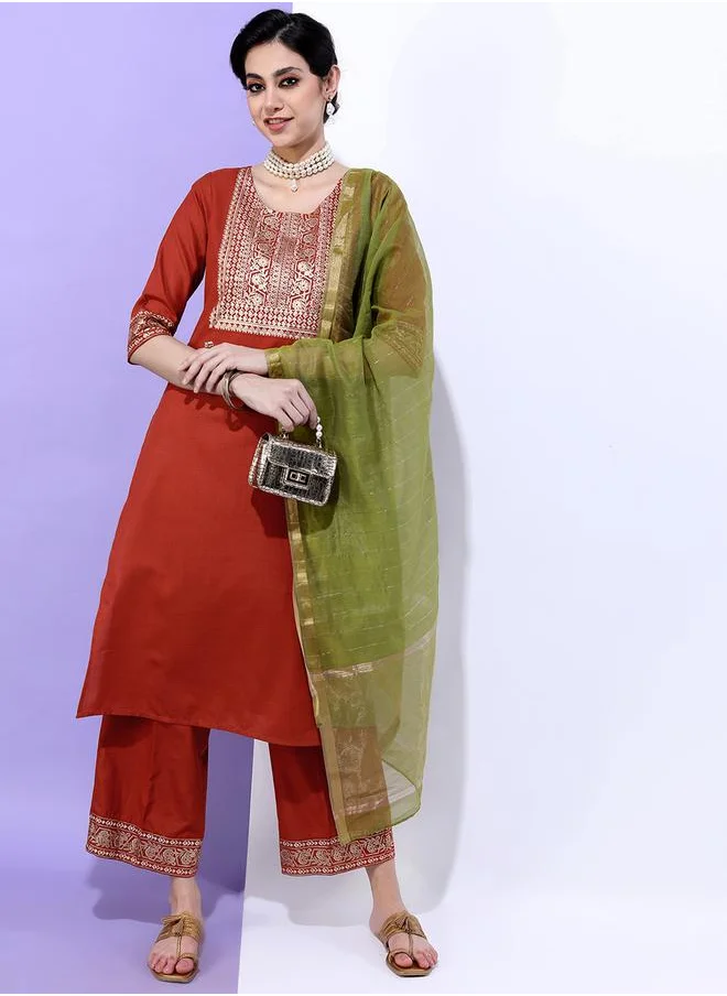 Vishudh Women Green Embroidered Kurta Set by Styli