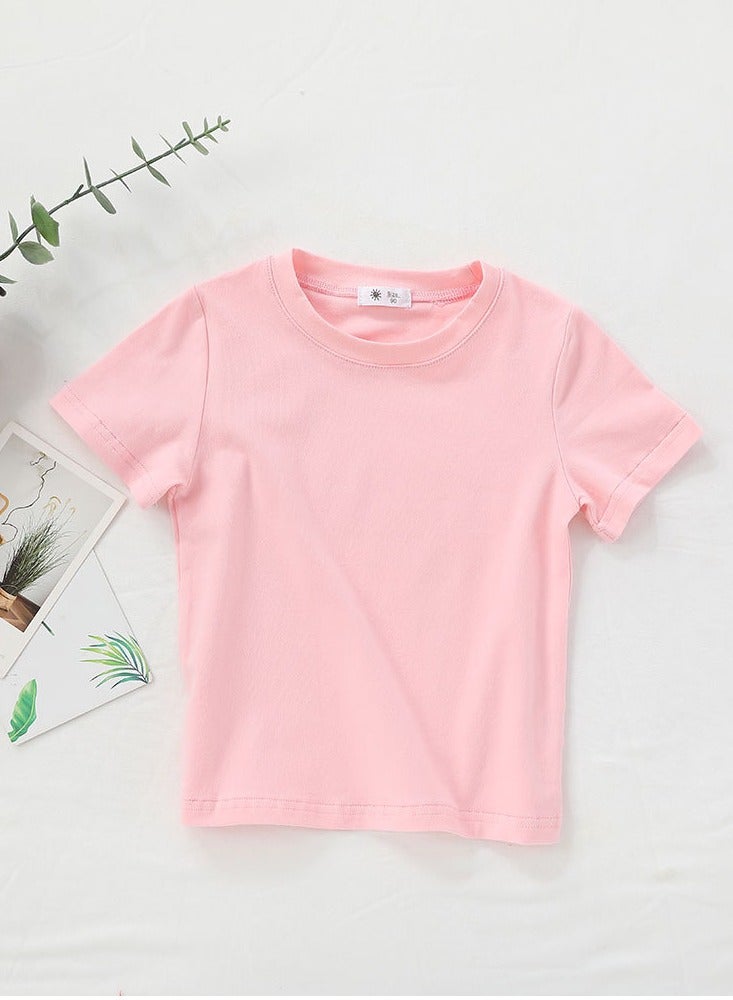 Loquat Kid's Solid Color Short Sleeve Crew Neck T-Shirt Cotton Basic Tees Pink