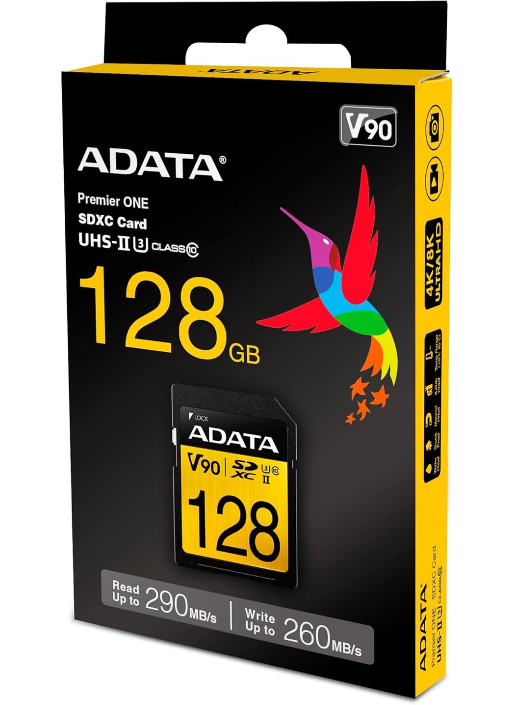 ADATA ADATA Premier ONE 128GB SDXC UHSII U3 Class10 V90 3D NAND 4K 8K Ultra HD 290MBs SD Card ASDX128GUII3CL10C  - Image 1