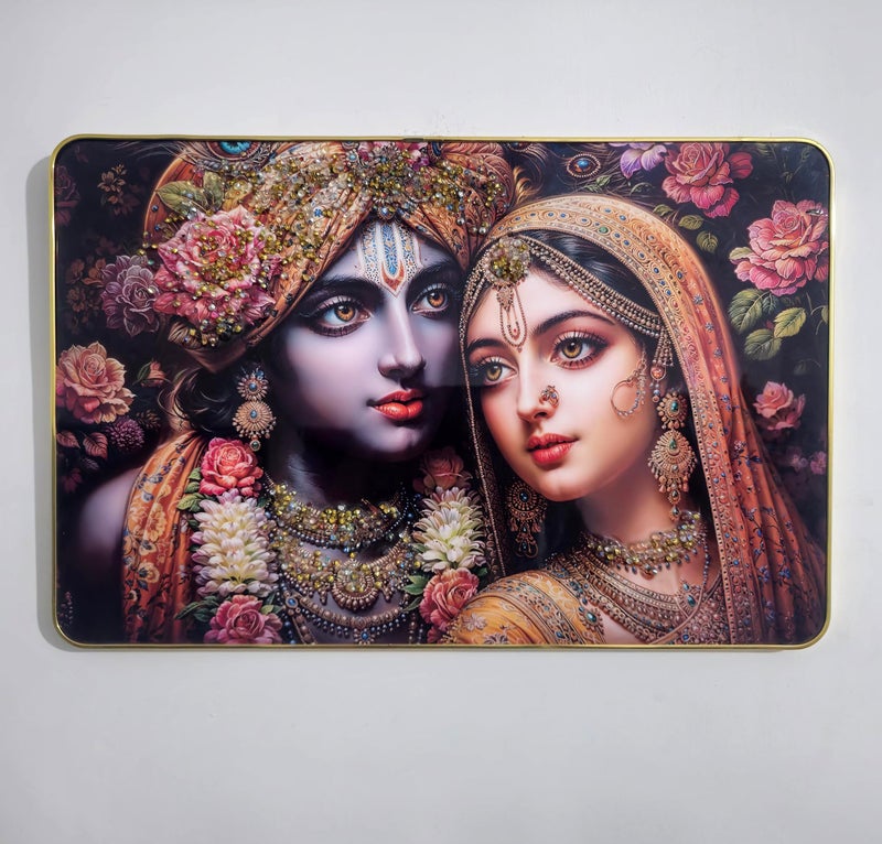 Masstone Radha Krishna Crystal Embedded High Gloss Wall Painting, Golden Slim Frame, 45x30 Cm Wall Art for Living Room, Bedroom, Office & Home Décor (CRG55) - Image 5