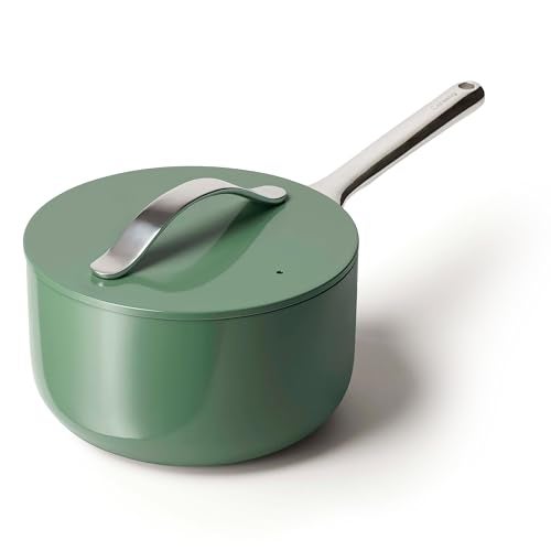 Caraway Nonstick Ceramic Sauce Pan with Lid 3 qt Non Toxic PTFE PFOA Free Oven Safe Compatible with All Stovetops Gas Electric Induction Sage - Image 1