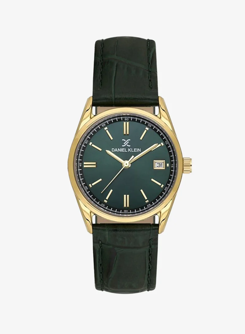 DANIEL KLEIN Women's Leather Gold Alloy Case Analog Dark Green Round Sunray Dial Japanese Quartz Premium 30 Meters Water Resistant
