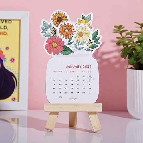 Oye Happy - Flower Bouquet Desk Calendar 2026 – Aesthetic Floral Monthly Easel Calendar for Office & Home Décor | Cute Mini Table Calendar | Spring-Theme Stationery Gift | 4.5 x 3.5 Inches - Image 1