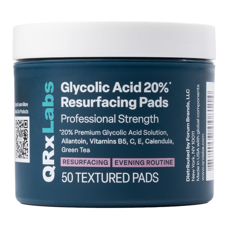 QRxLabs Glycolic Acid 20% Resurfacing Pads for Face & Body with Vitamins B5, C & E, Green Tea, Calendula, Allantoin - Exfoliates Surface Skin and Reduces Appearance of Fine Lines and Wrinkles - Peel Pads - Image 1