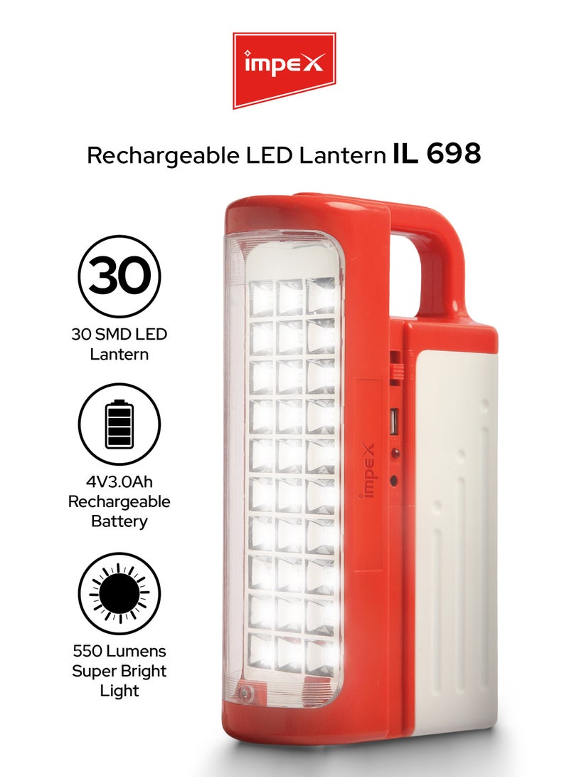 Impex Rechargeable LED Emergency Lantern / Emergency Light | 30 SMD LEDs | 550 Lumens | 4V 3000mAh Battery | 3 Light Modes | 80-Hour Runtime | Power Bank | Solar Charging | 3D Reflector | Unbreakable Glass | IL 698 - Red - Image 1