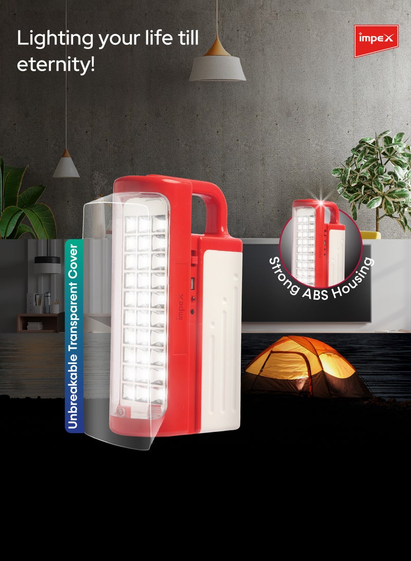 Impex Rechargeable LED Emergency Lantern / Emergency Light | 30 SMD LEDs | 550 Lumens | 4V 3000mAh Battery | 3 Light Modes | 80-Hour Runtime | Power Bank | Solar Charging | 3D Reflector | Unbreakable Glass | IL 698 - Red - Image 2