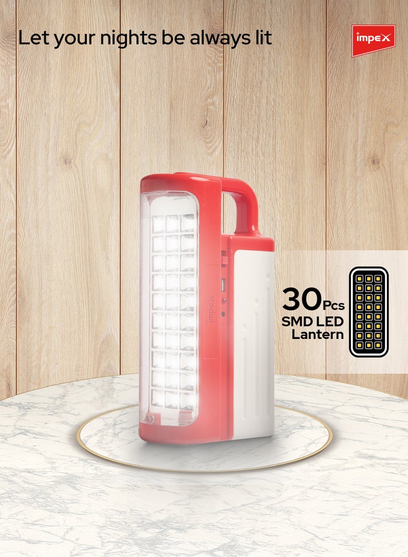 Impex Rechargeable LED Emergency Lantern / Emergency Light | 30 SMD LEDs | 550 Lumens | 4V 3000mAh Battery | 3 Light Modes | 80-Hour Runtime | Power Bank | Solar Charging | 3D Reflector | Unbreakable Glass | IL 698 - Red - Image 4
